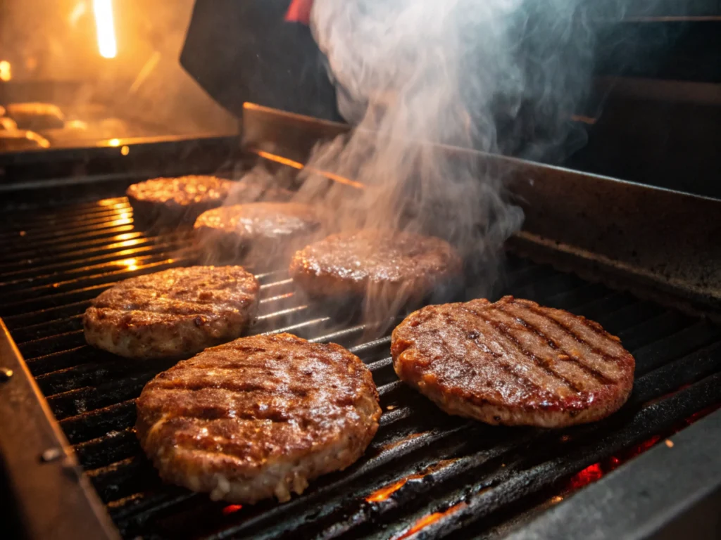 Juicy patties sizzling on a hot grill with steam rising