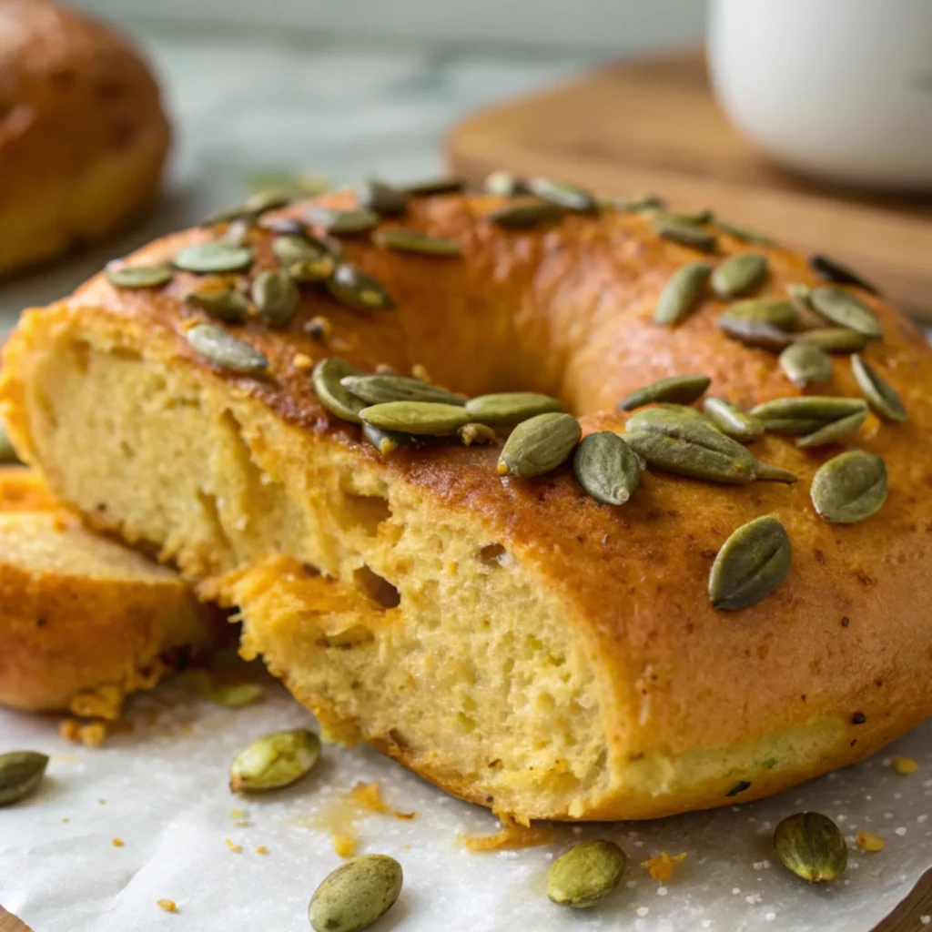 Close-up of a bagel with a golden crust and soft interior, topped with pumpkin seeds