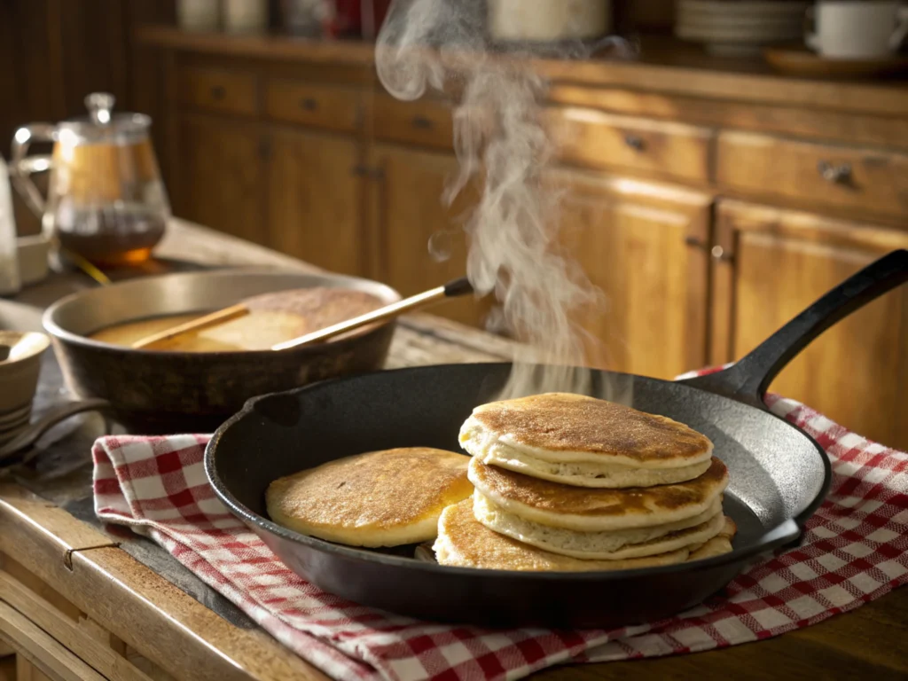 Pancakes cooking on a hot skillet with steam rising