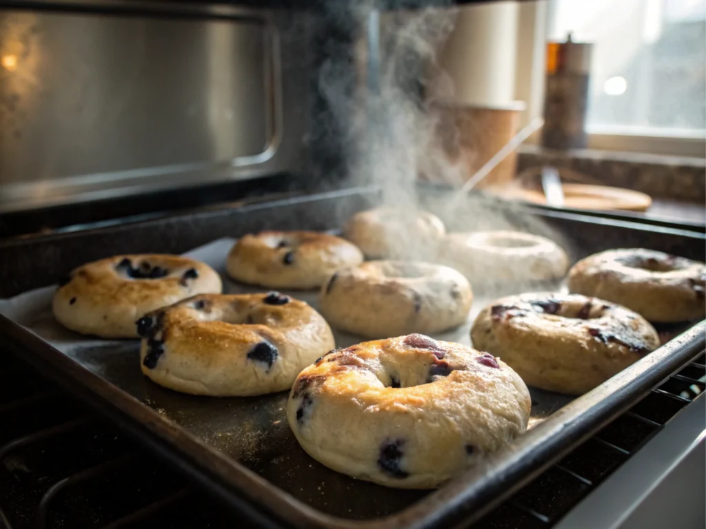 Bagels baking in the oven with steam rising.