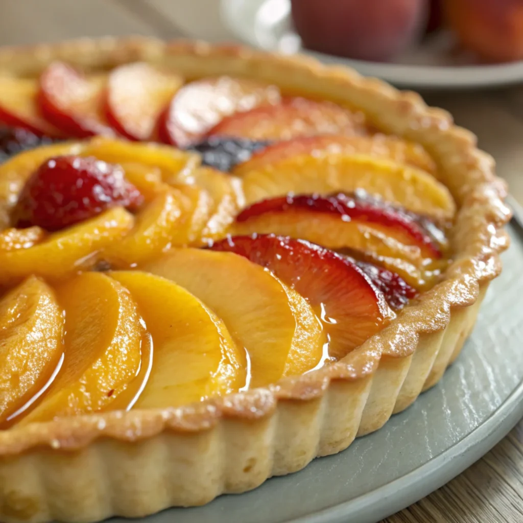 Golden crust of a fruit pie with flaky layers