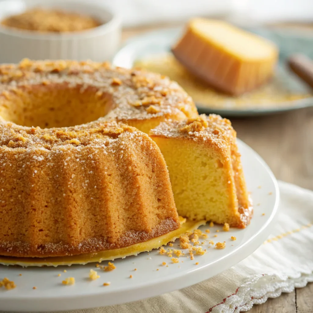 Detailed shot of a cake crust showing texture and crumbs under natural lighting