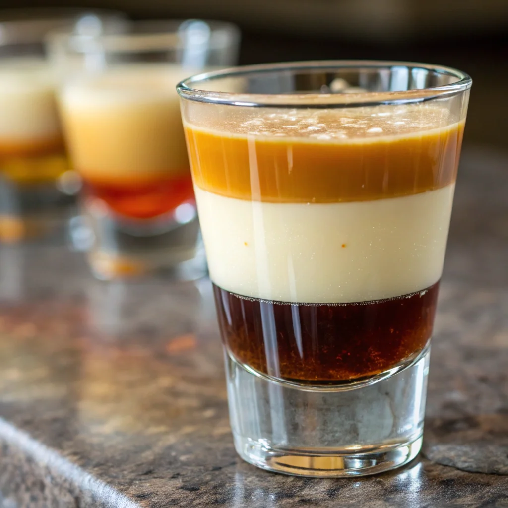 Macro shot of a Butterball Shot showing rich textures, distinct golden and creamy layers, and tiny air bubbles