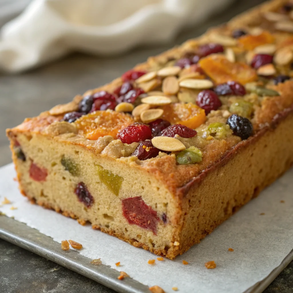 Close-up of a cake's crust and texture with fruits and nuts