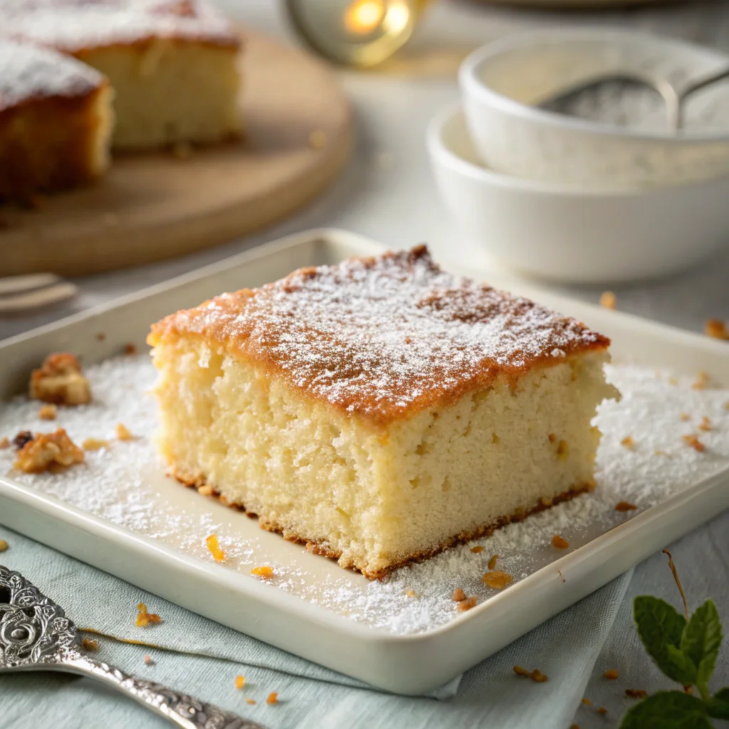 Beautifully plated cake on a modern ceramic plate with vibrant natural lighting and a professional presentation.