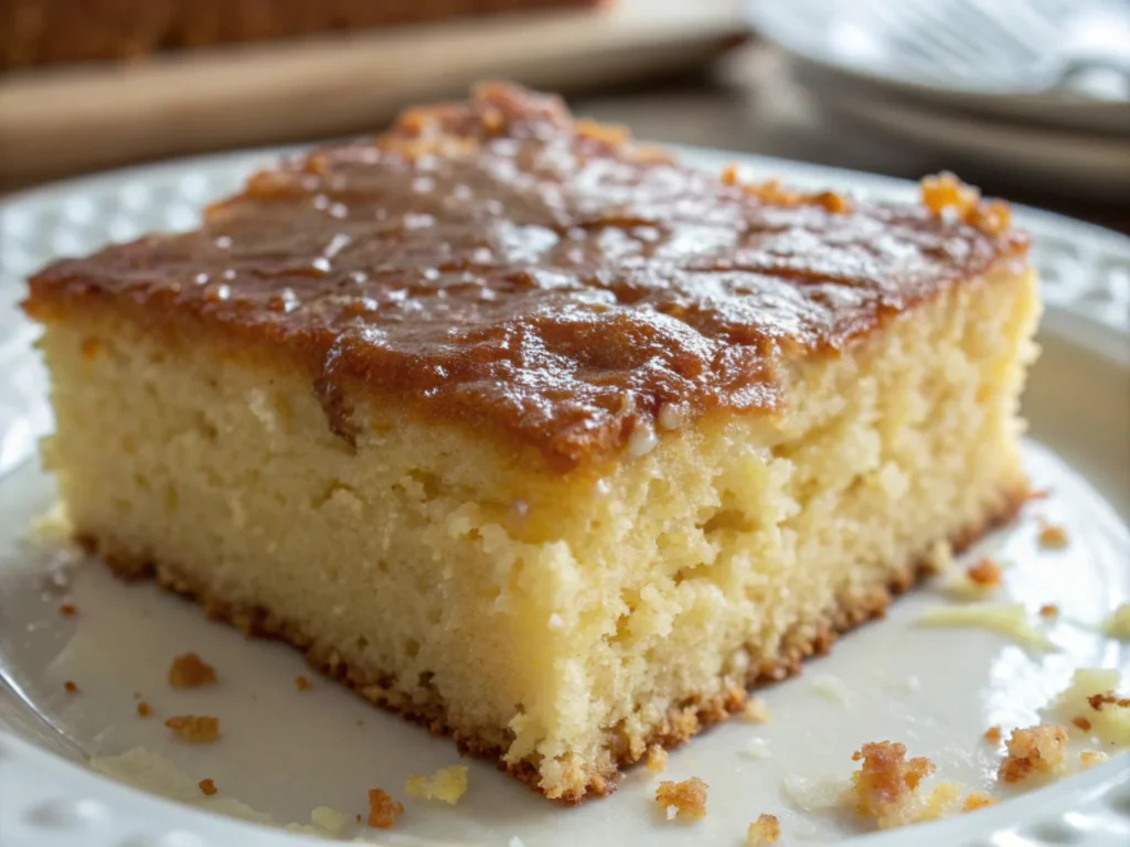 Close-up of a cake slice, showcasing its moist texture and golden-brown edges