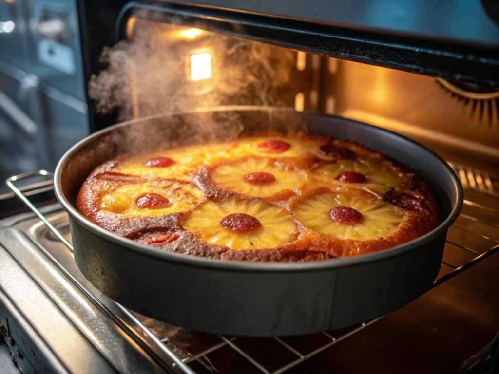 Dessert baking in an oven with caramel bubbling and steam rising