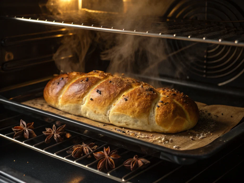 Bread baking in an oven with steam rising and a golden crust forming