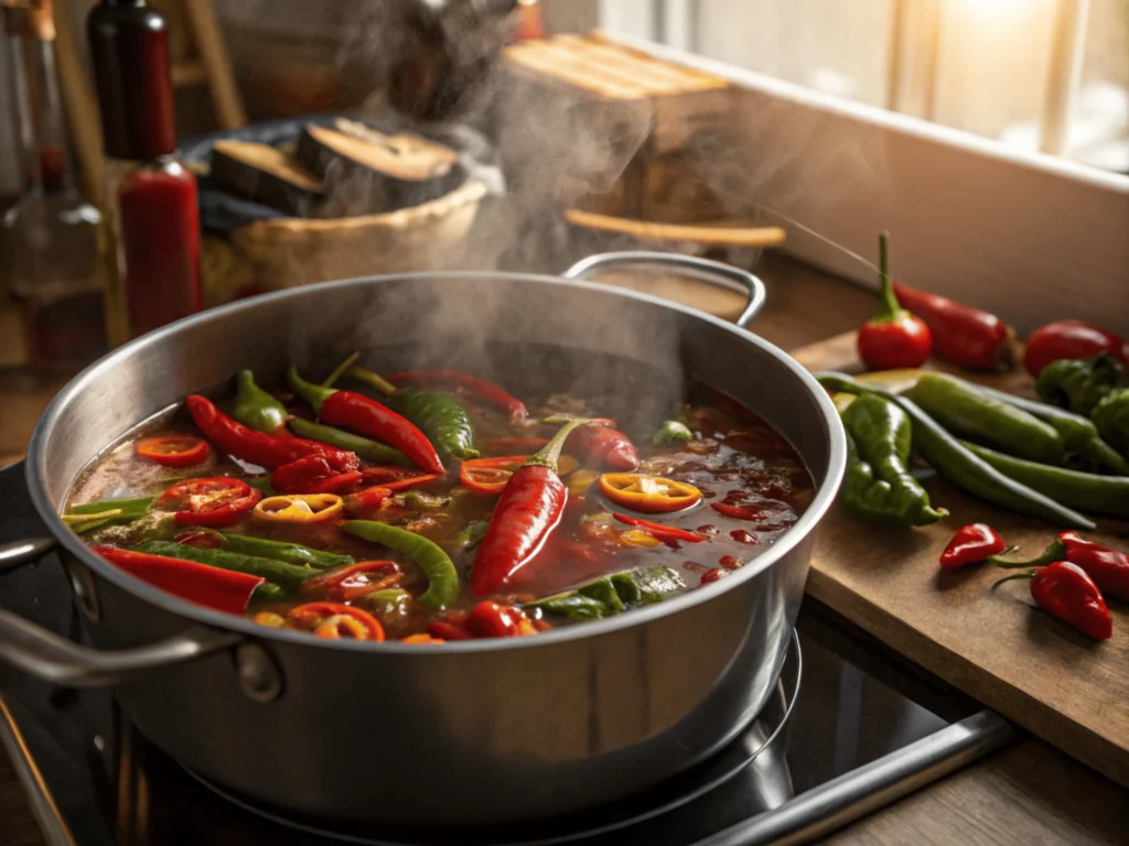 Chilies simmering in a pot with steam rising