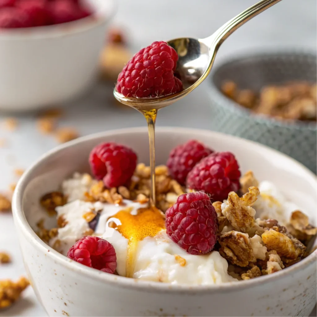 Spoonful of creamy cheese with raspberry, granola, and honey