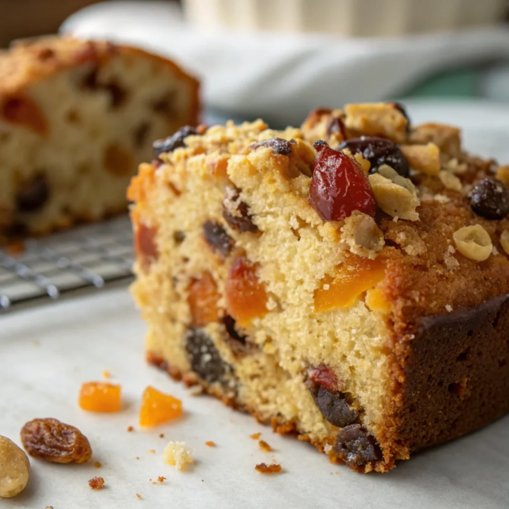 Close-up of a cake’s texture with visible dried fruits and nuts inside a golden crumb