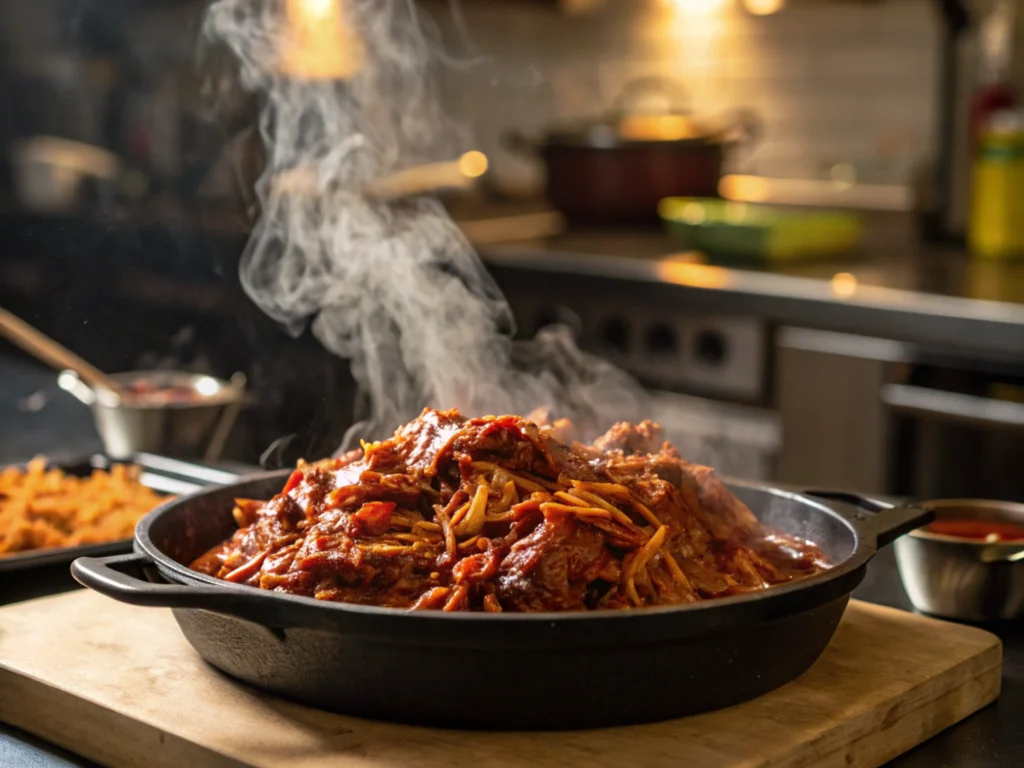 Slow-cooked meat simmering in sauce with steam rising