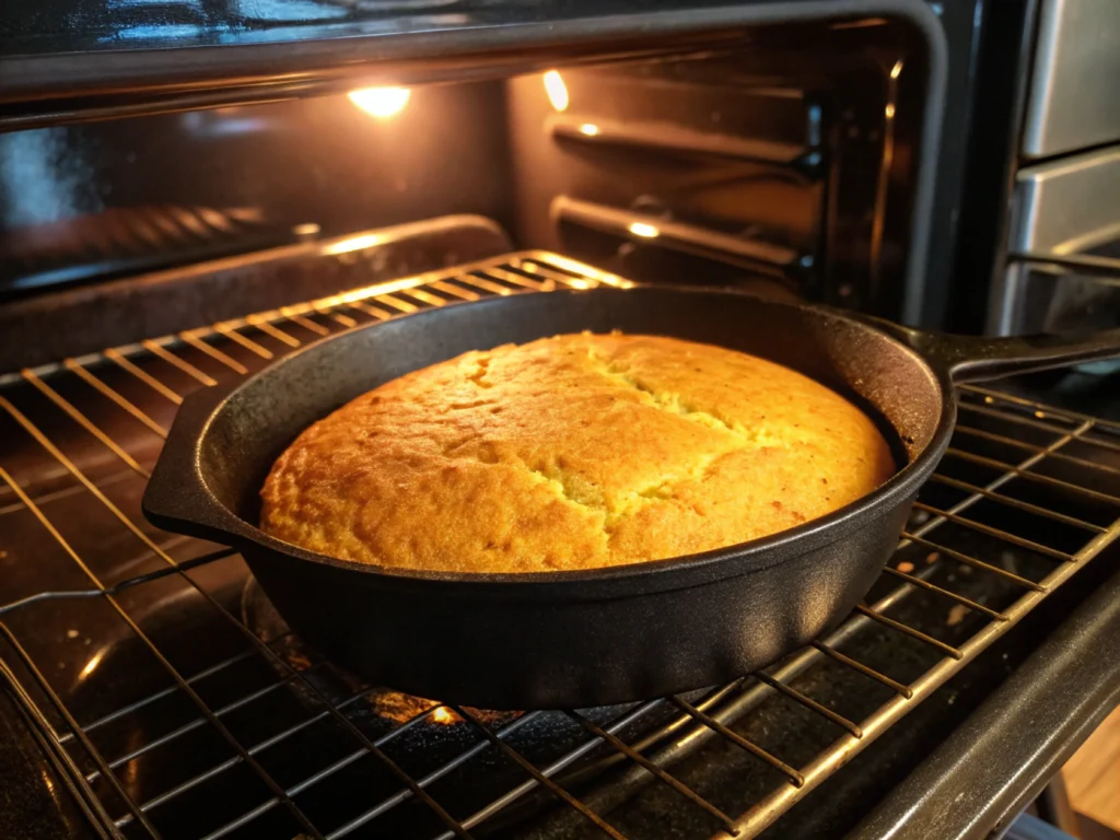 Cornbread baking in a hot skillet