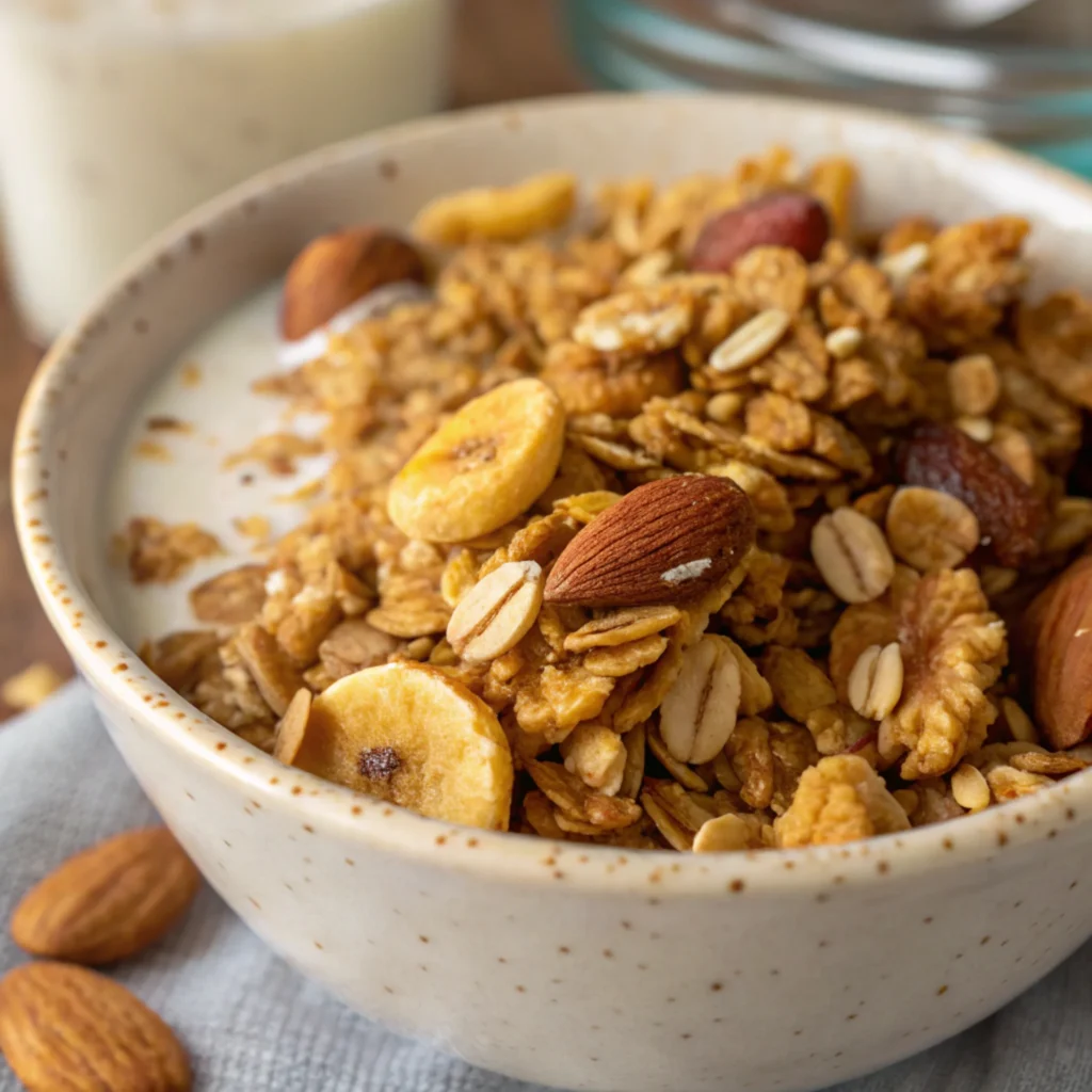 Close-up view of toasted granola clusters with rich texture