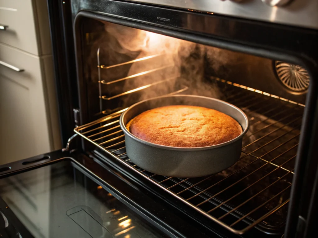 Golden cake rising in the oven