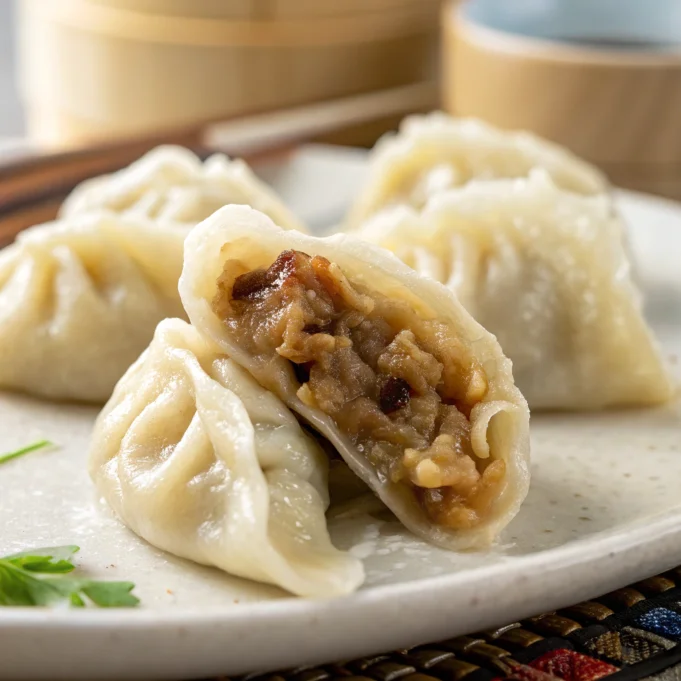 Macro shot of golden dumpling with rich filling