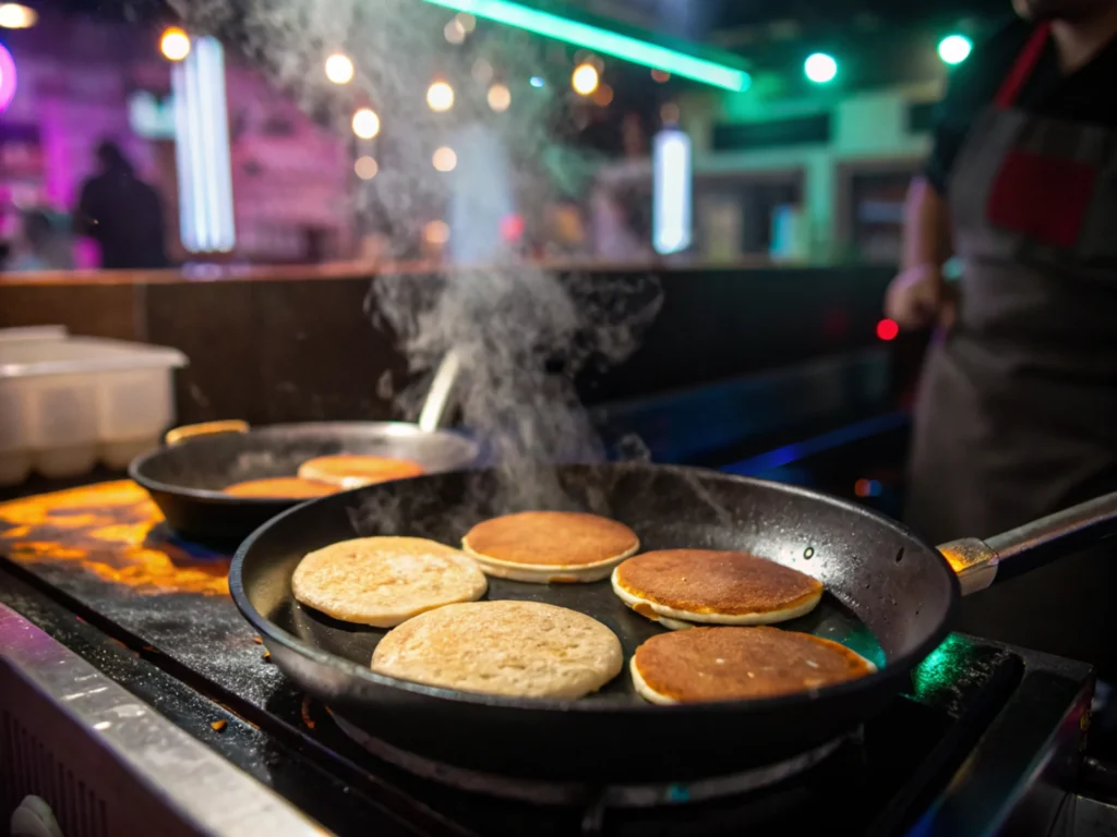 Cooking process showing flipping on a skillet.