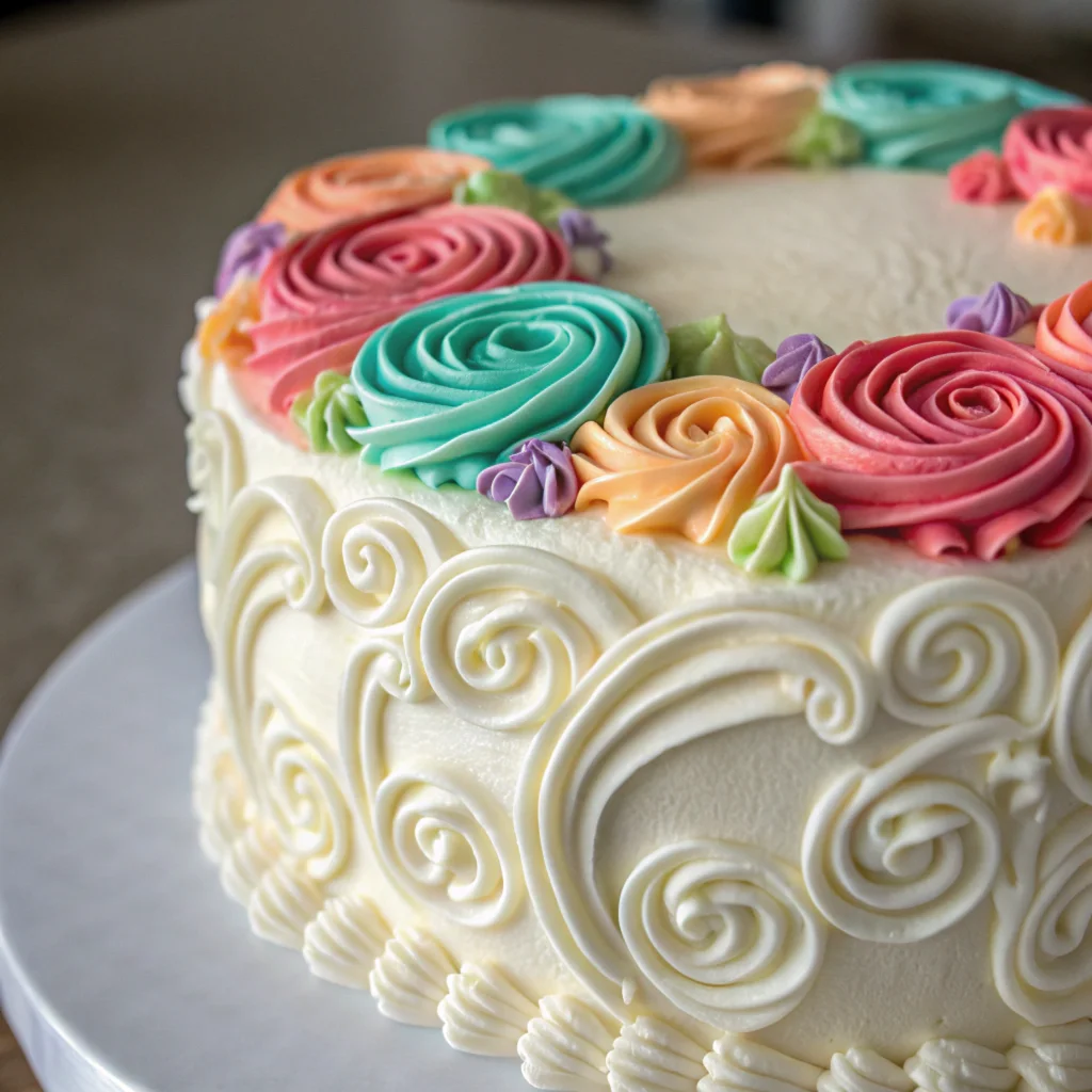 Close-up of intricately piped frosting on a birthday cake in vibrant colors