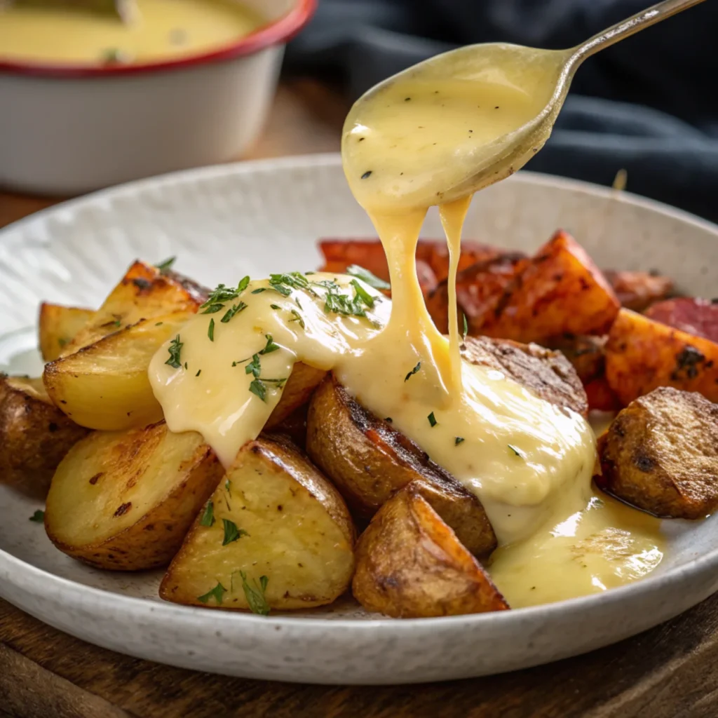 Close-up of melted cheese dripping over potatoes at a raclette gathering