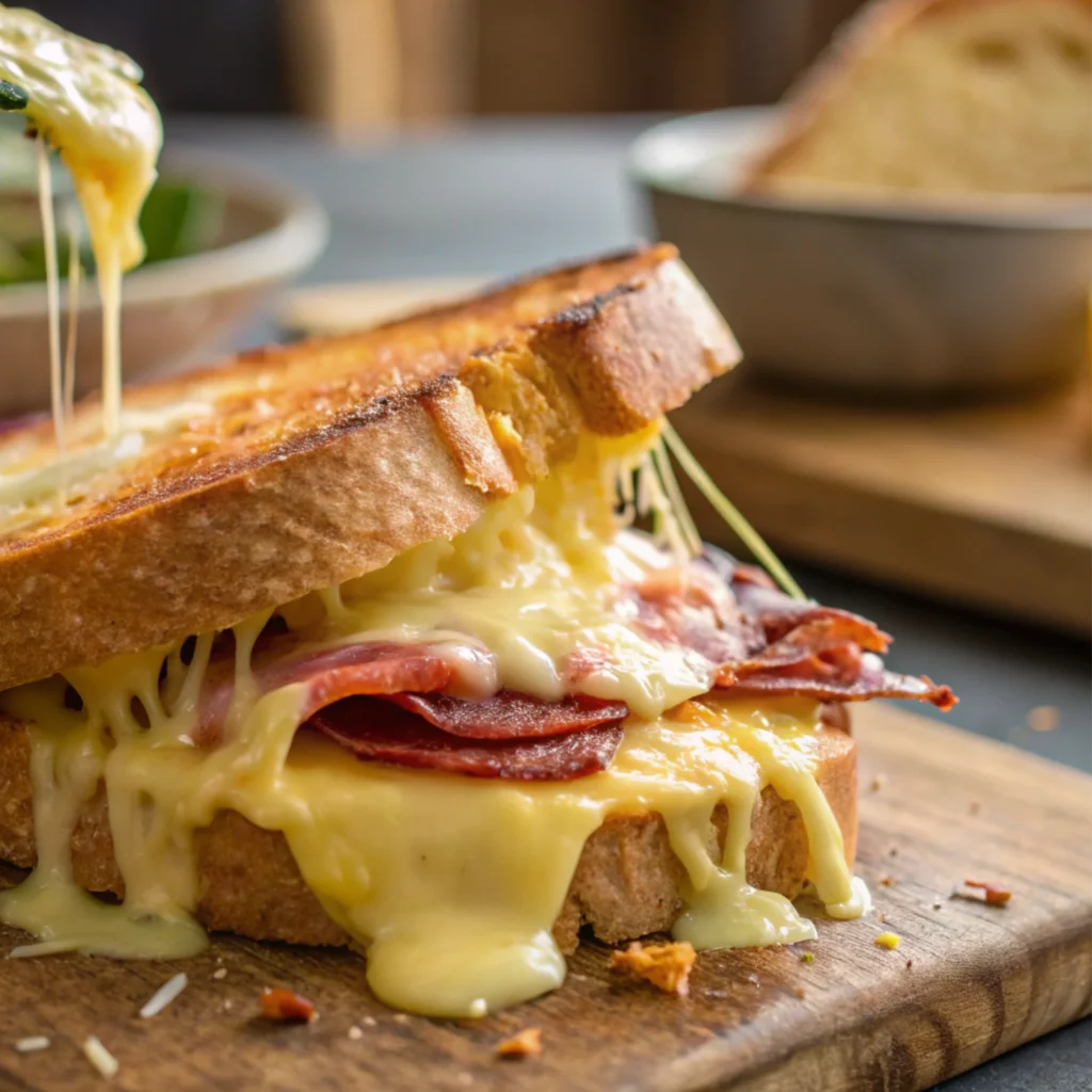 Macro shot of a toasted sandwich with gooey cheese spilling out, highlighting the rich textures and golden edges