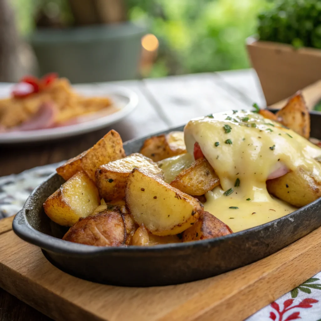 Macro shot of cheese oozing over golden potatoes