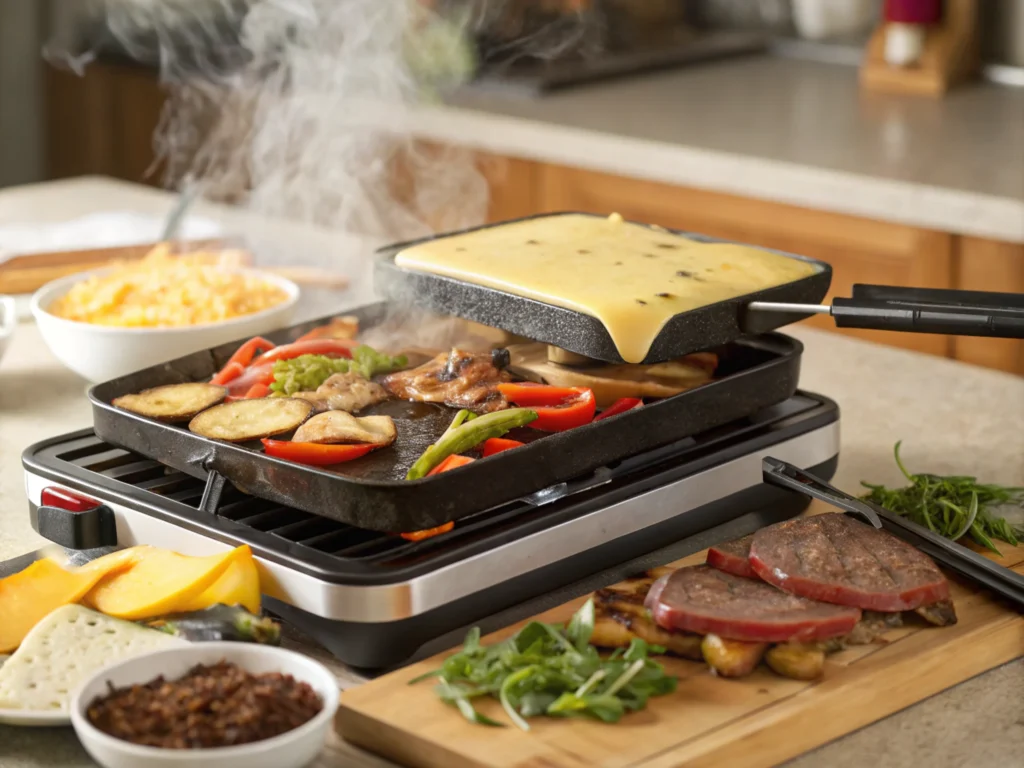 Raclette cheese melting on a grill with sizzling vegetables and meat.