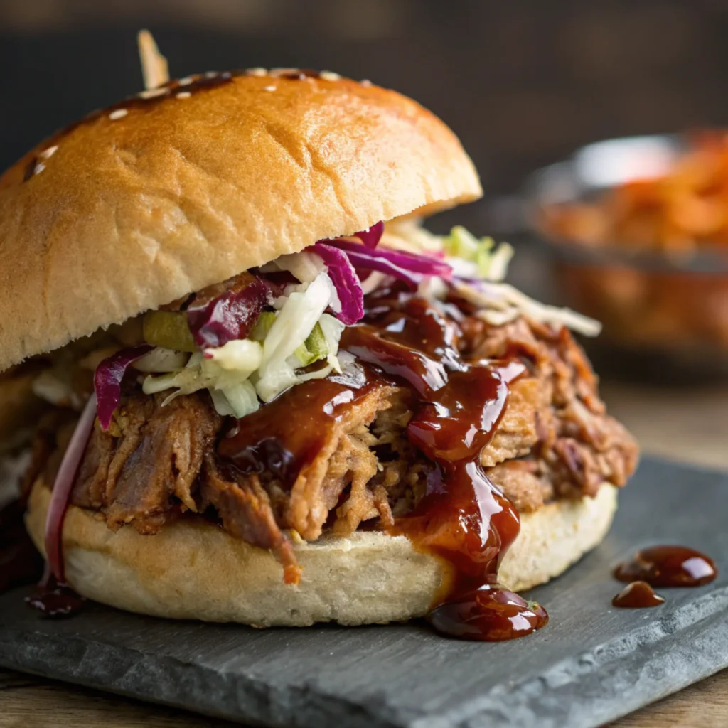 Macro shot of juicy pork with tangy sauce