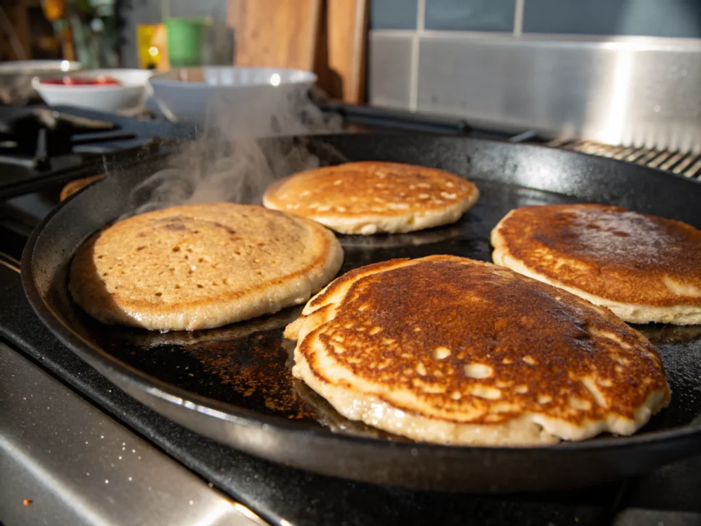 Pancakes cooking on a skillet, sizzling with steam rising, in a professional kitchen setting with rich lighting