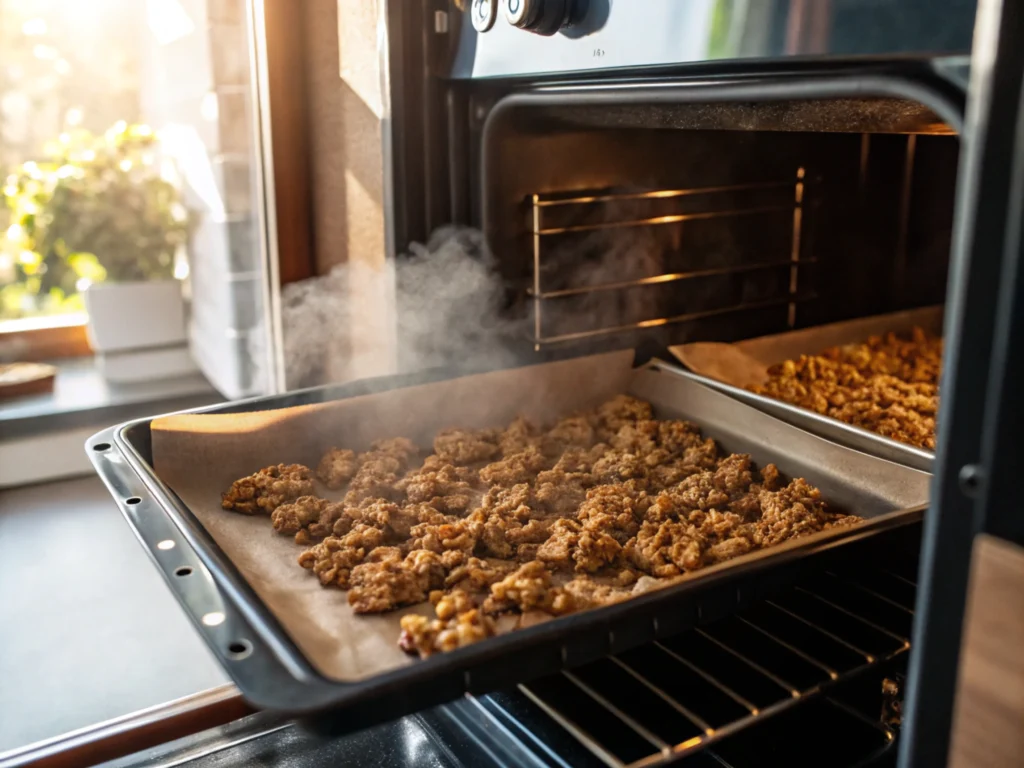 Granola baking in the oven with golden brown clusters forming