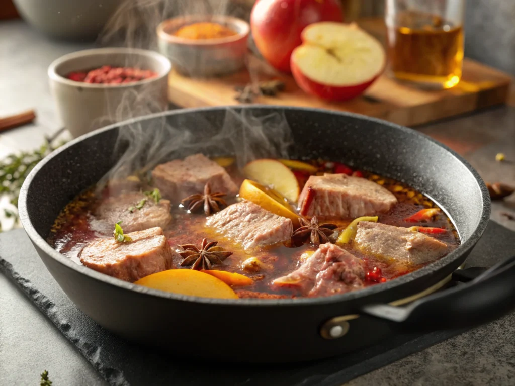 Pork simmering in a pan with steam rising, showing vibrant colors and natural lighting.