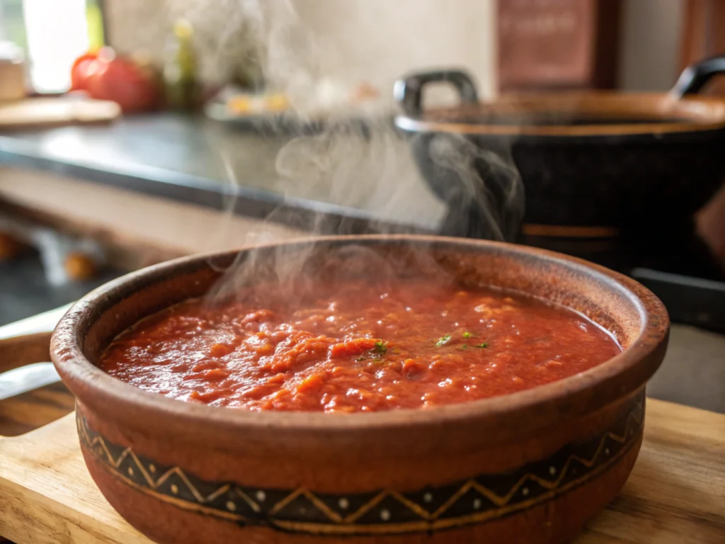 Salsa simmering in a clay pot with steam rising