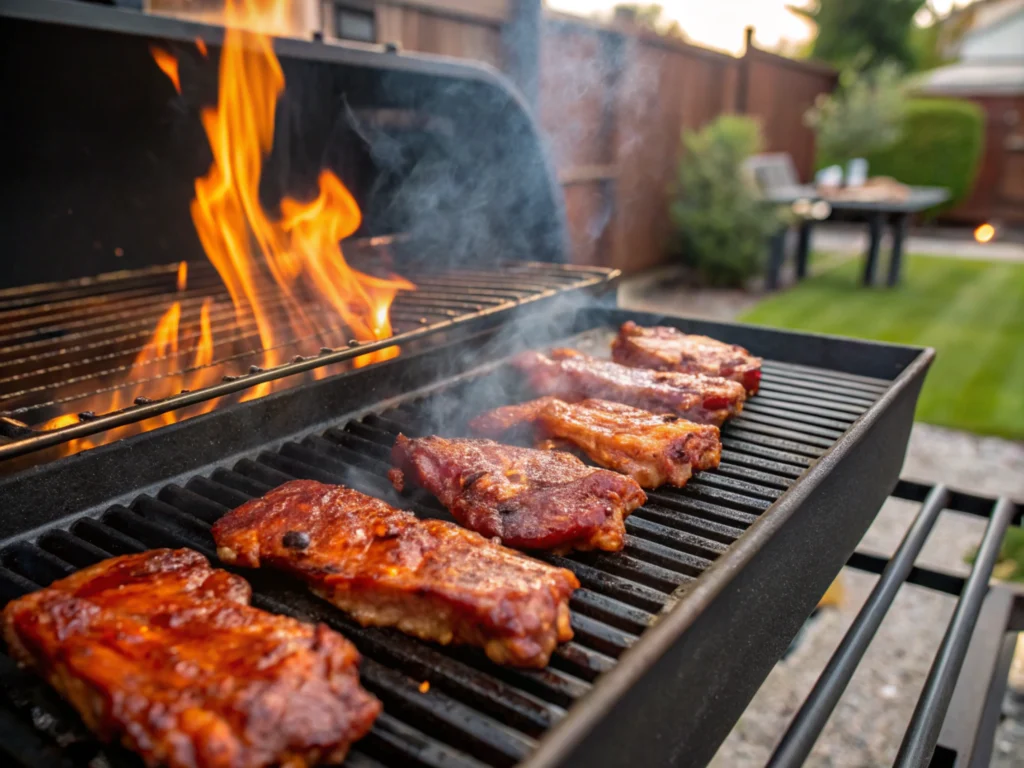 Ribs grilling over open flames with smoke rising