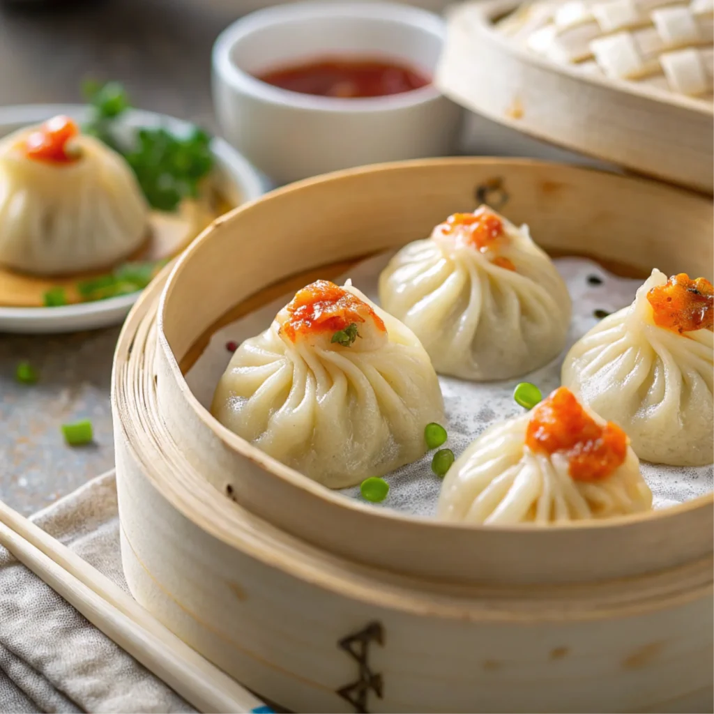 Macro shot highlighting the intricate texture of dumpling wrappers and a glimpse of the filling.