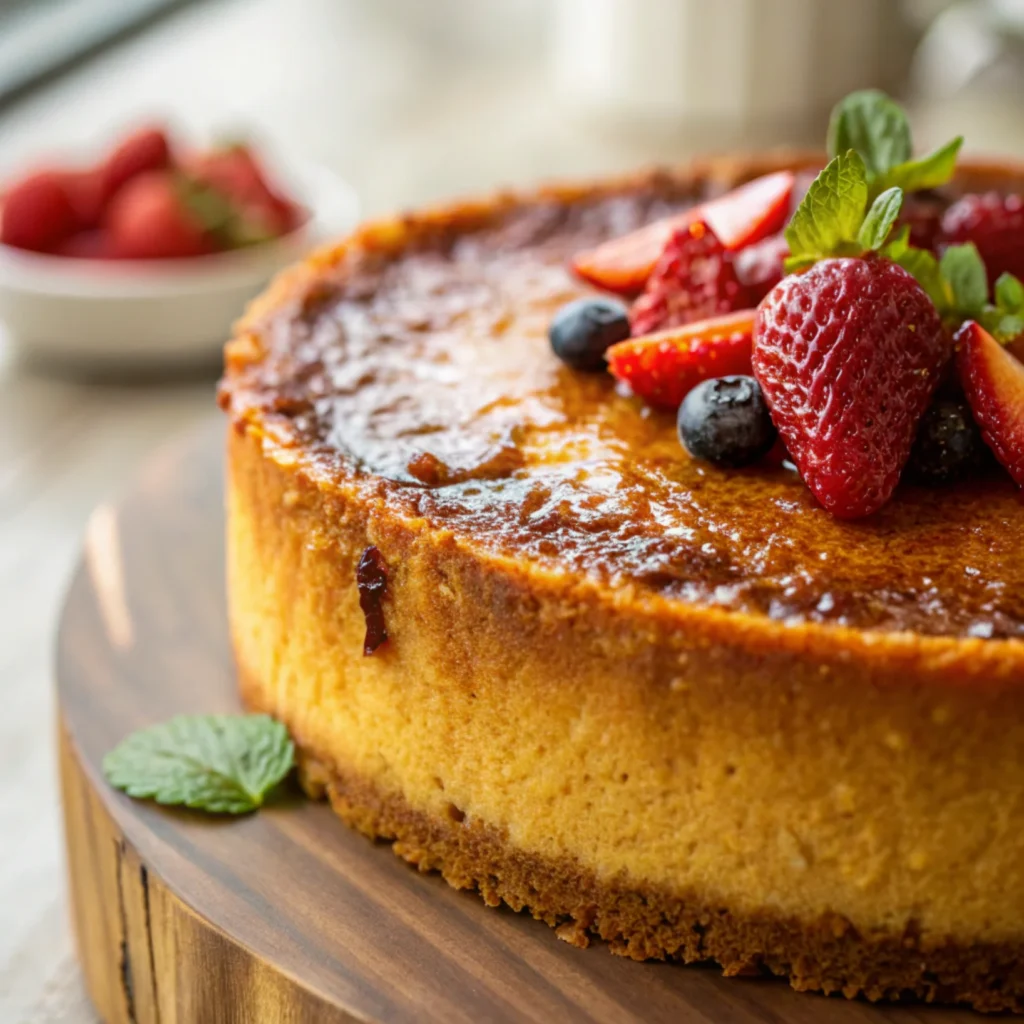 Close-up of a golden-brown cake crust with rich textures