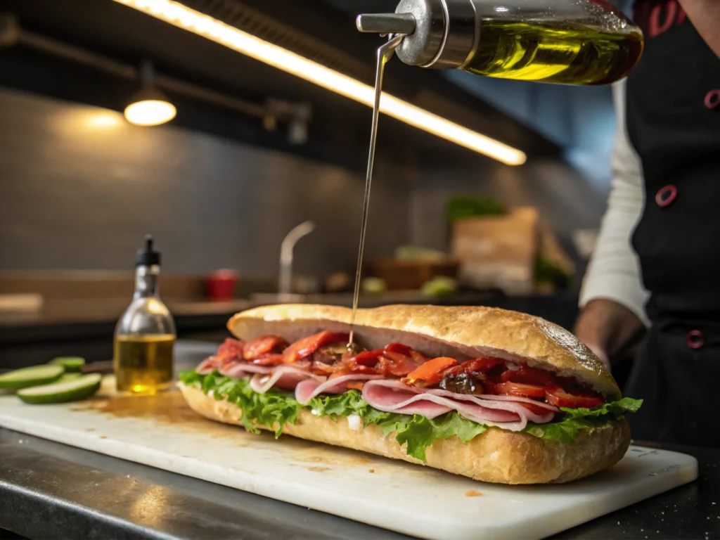 Drizzling olive oil and vinegar over bread and fillings