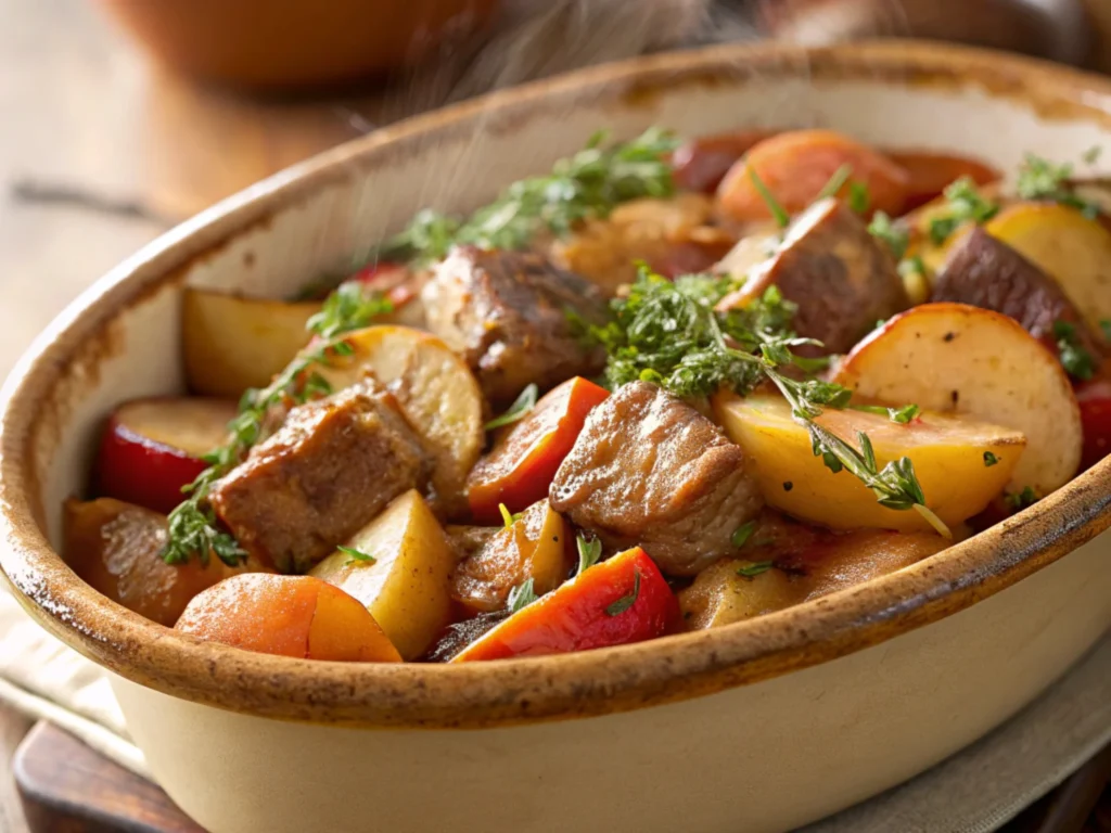 Close-up of pork and apple casserole with golden, caramelized layers