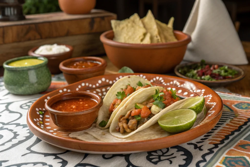 Mexican-style hot sauce served with tacos and lime