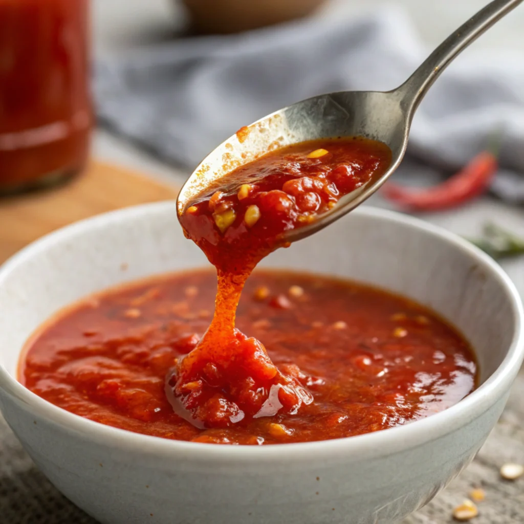 Thick red sauce with chili seeds in a spoon