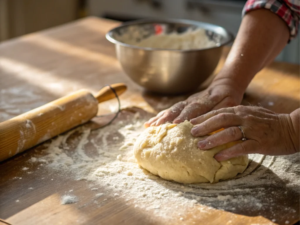 Kneading dough on a floured surface