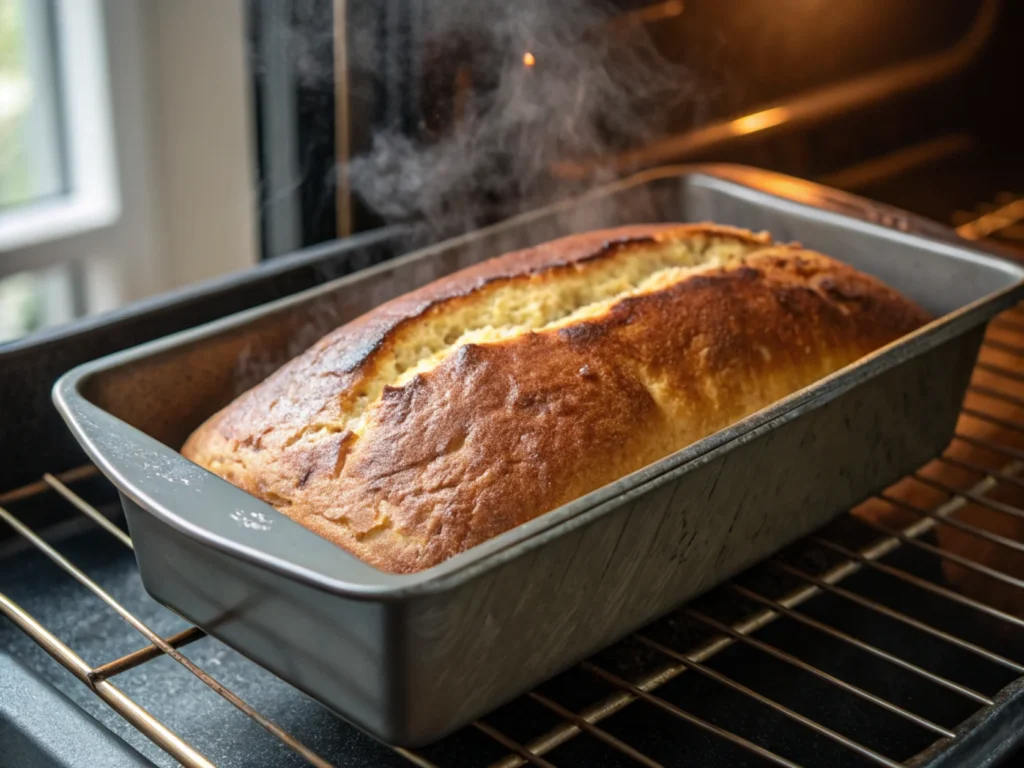 Bread baking in the oven, developing a golden crust