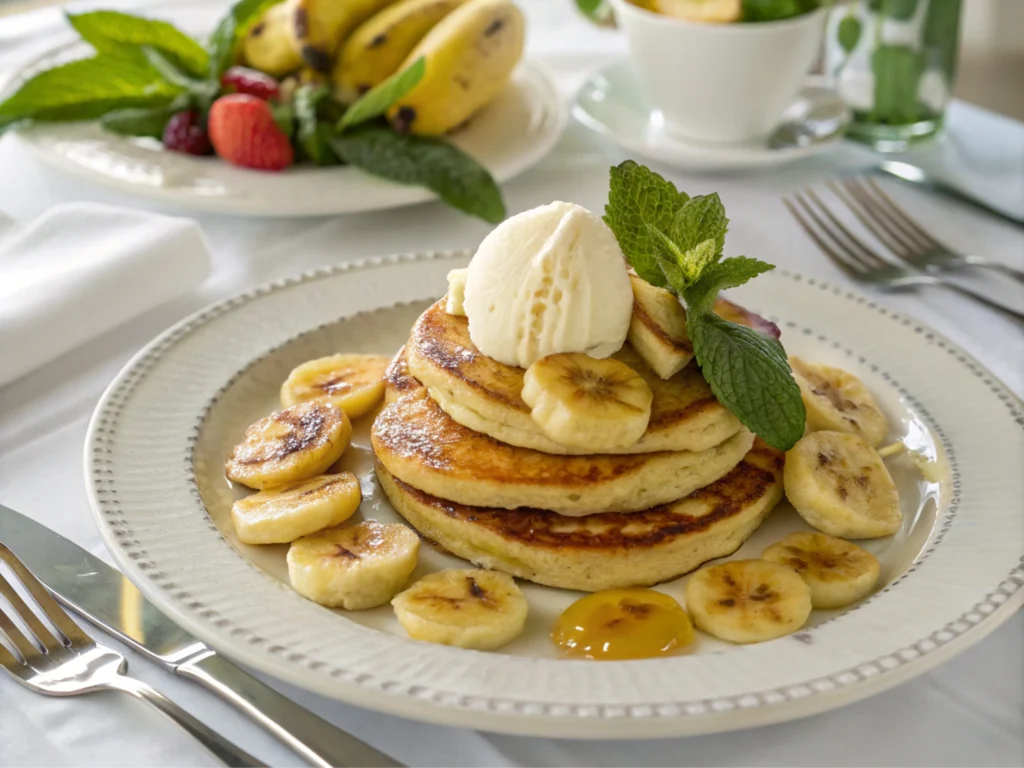 Pancakes with caramelized slices and ice cream