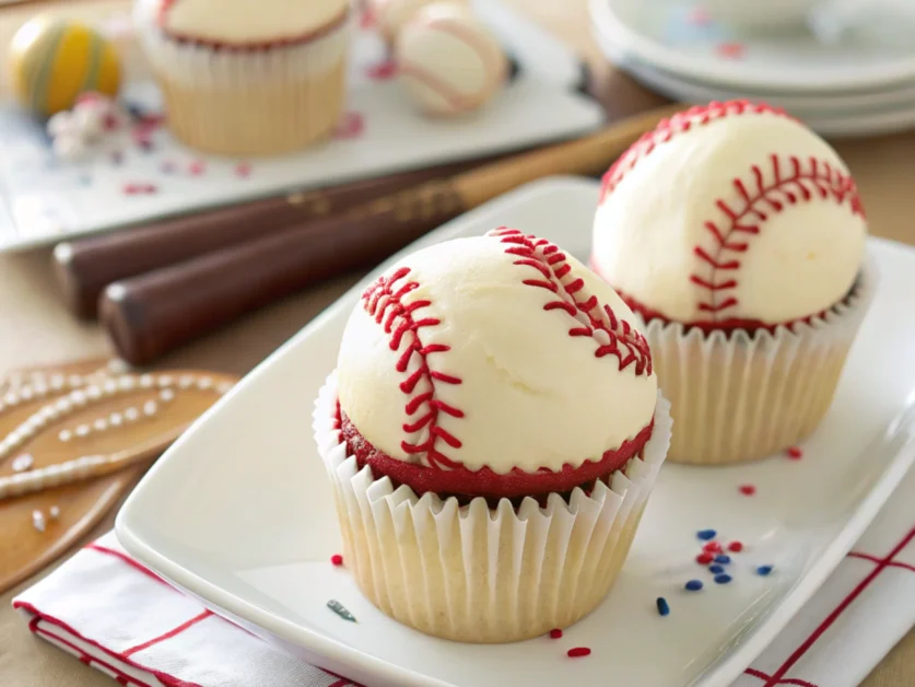 Two baseball cupcakes on a white plate with red seams and stitching