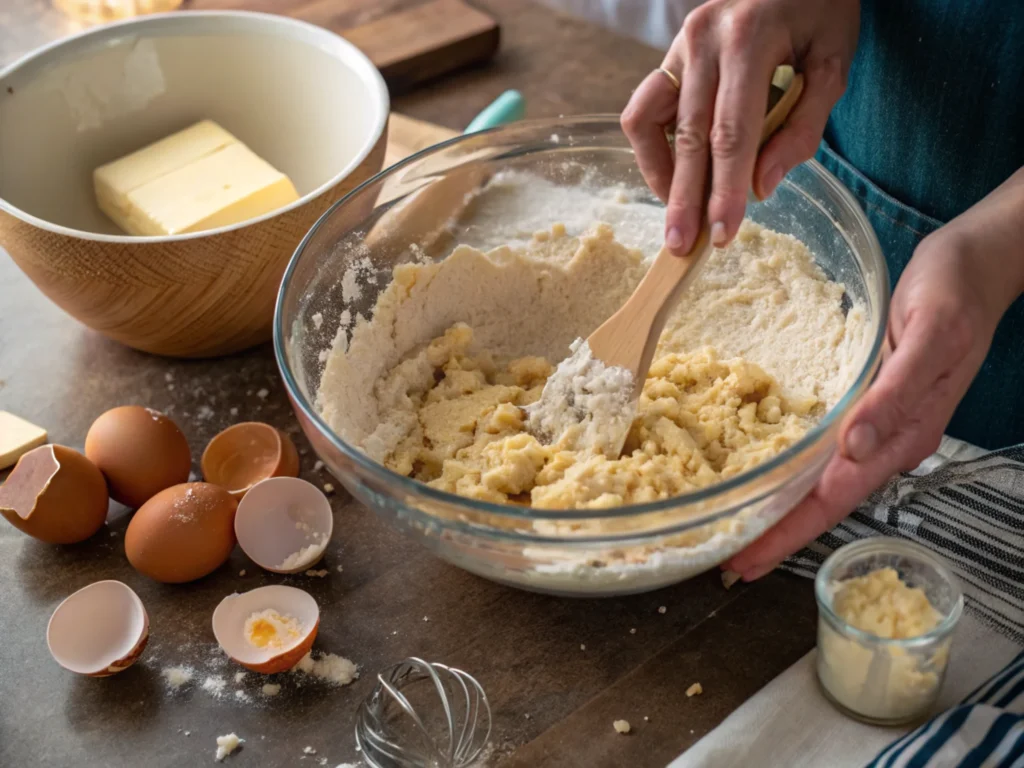 Mixing batter in a glass bowl with a spatula