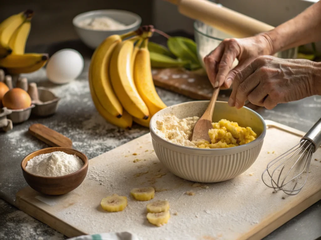 Hands mashing ripe bananas in a ceramic bowl, surrounded by baking tools on a wooden countertop