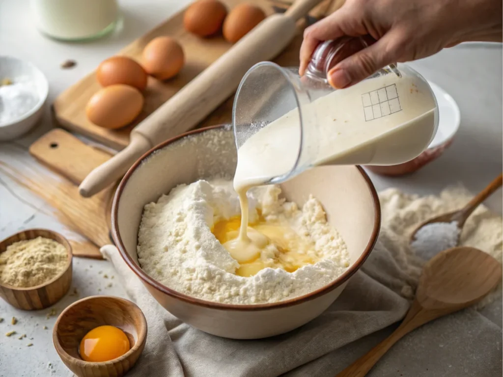 Hands pouring kefir mixture into a bowl with flour and eggs during the baking process