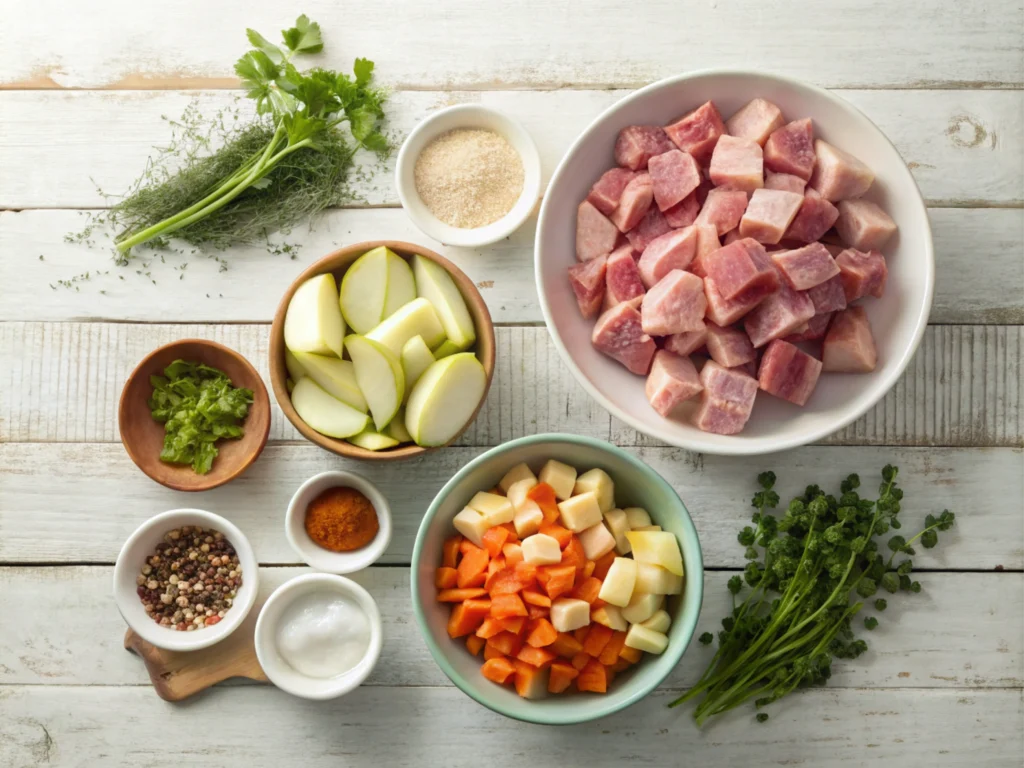 Flat-lay of fresh ingredients arranged neatly on a wooden surface with natural light