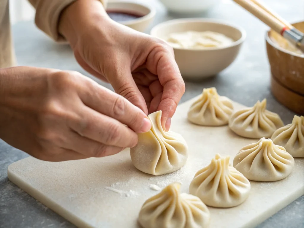 Hands pleating dumpling dough on a floured surface in a bright kitchen