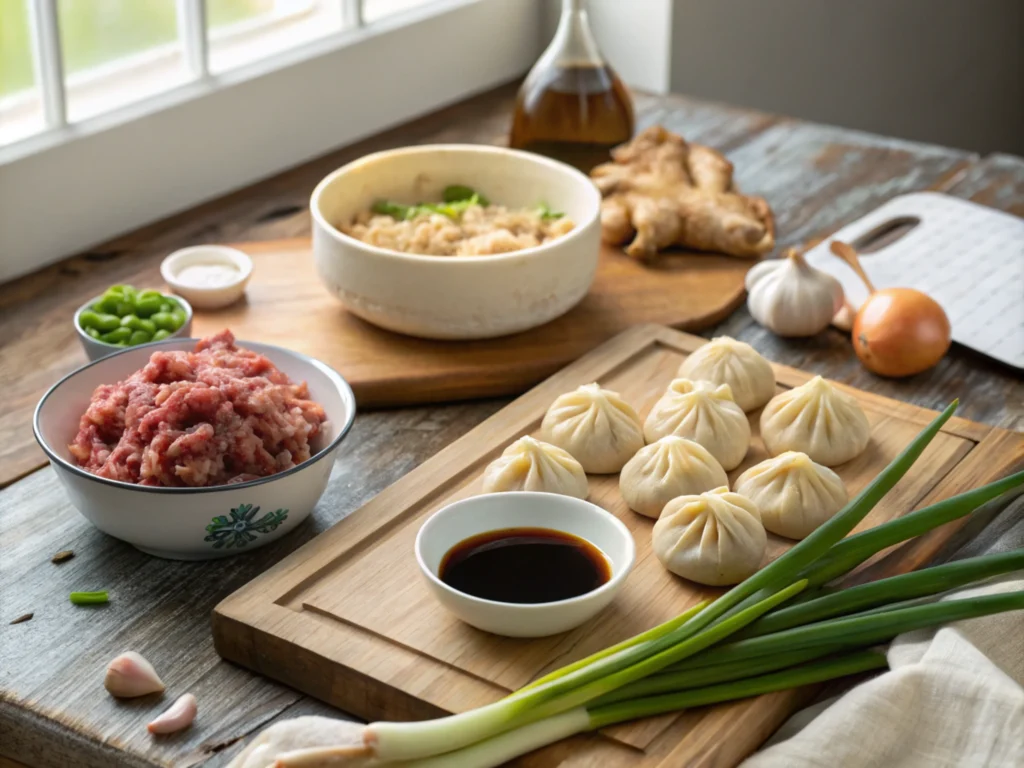 Ingredients for dumplings arranged on a wooden countertop with natural light.