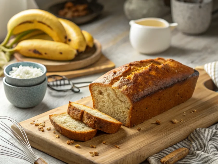 Golden banana bread on a cutting board