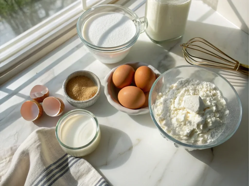 Flat-lay of kefir, eggs, and baking soda on a white marble countertop with a recipe card